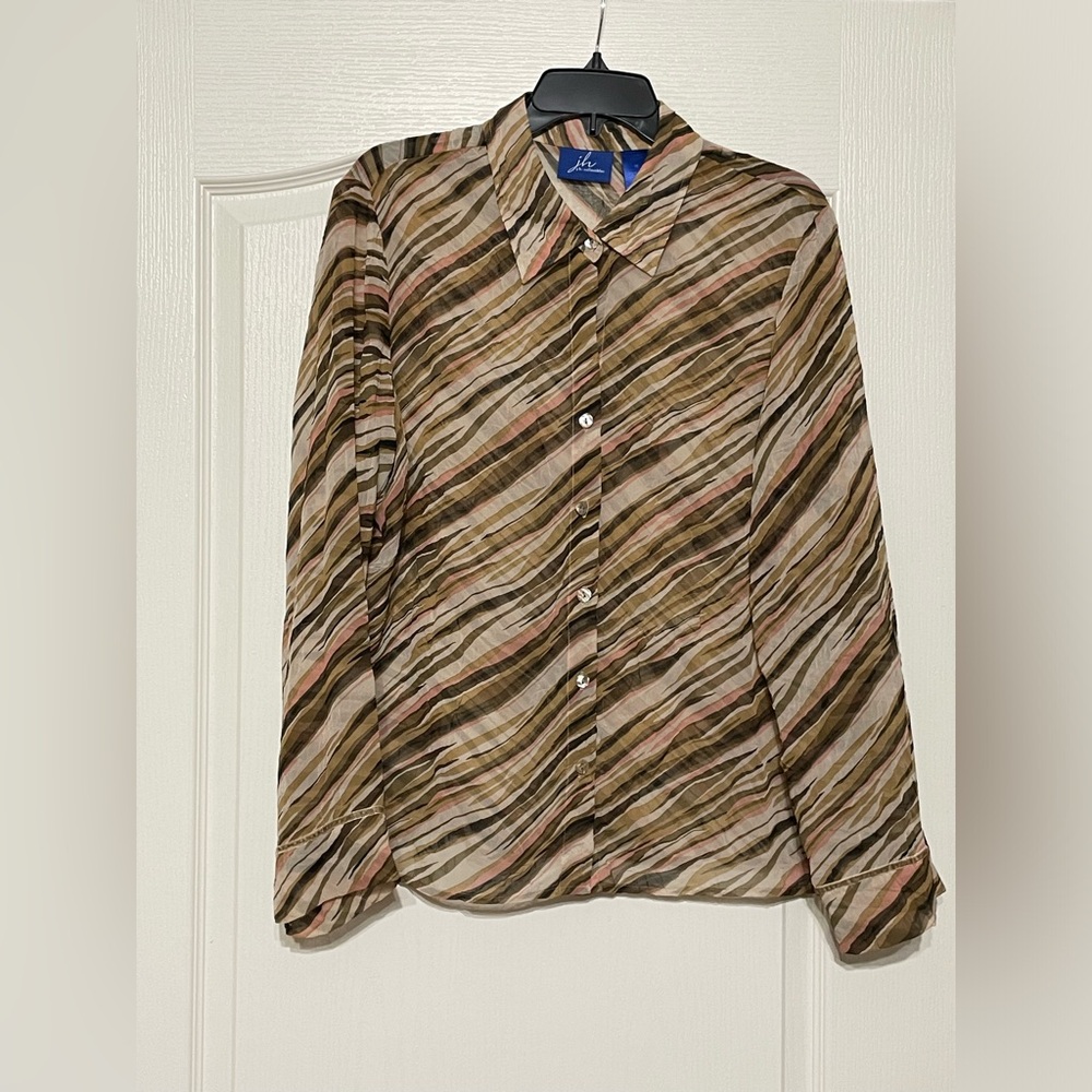 Multi Print Sheer Long Sleeve Button‎ Up Blouse